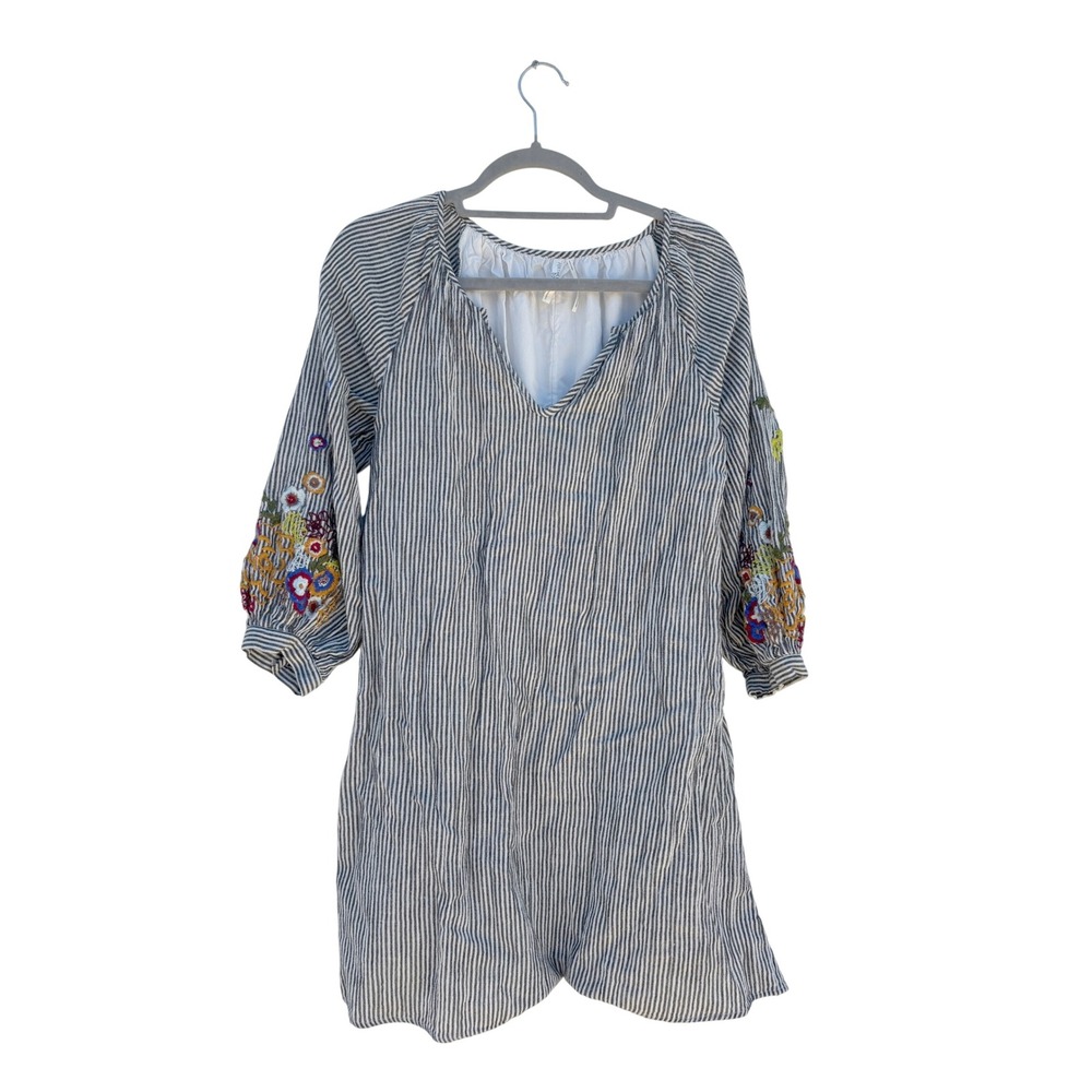 Anthropologie Featherbone Striped‎ Dress Embroidered Sleeves Bohemian Mini XS